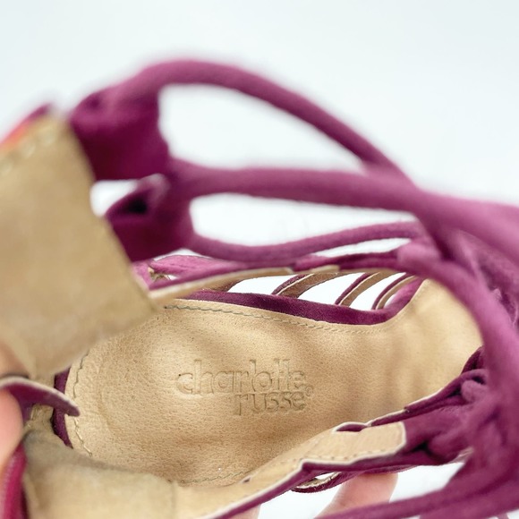 Charlotte Russe Lace Up Heels 6 Burgundy Suede Peep Toe Stiletto Strappy Sandals - Picture 11 of 11
